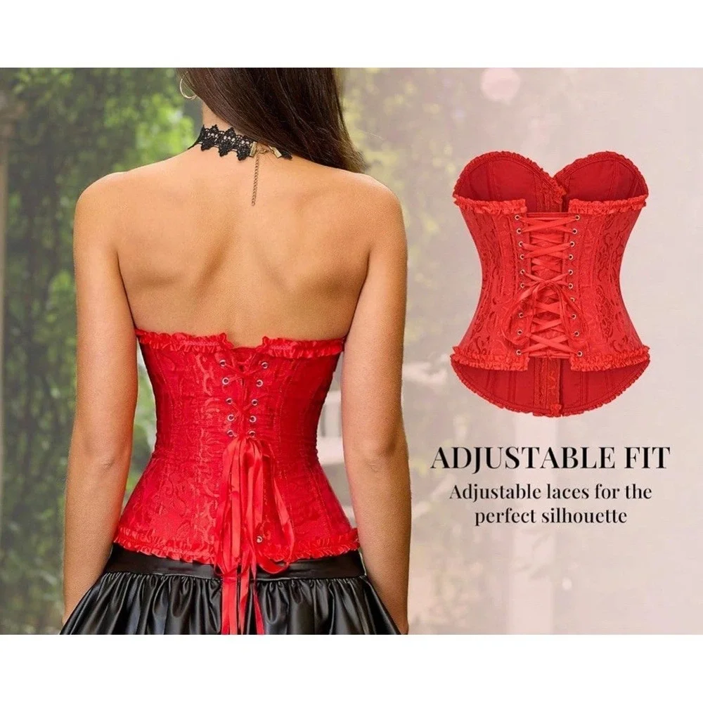 Valentines Day Floral Jacquard Lace Up Corset Boned Overbust Womens Red Size XXS